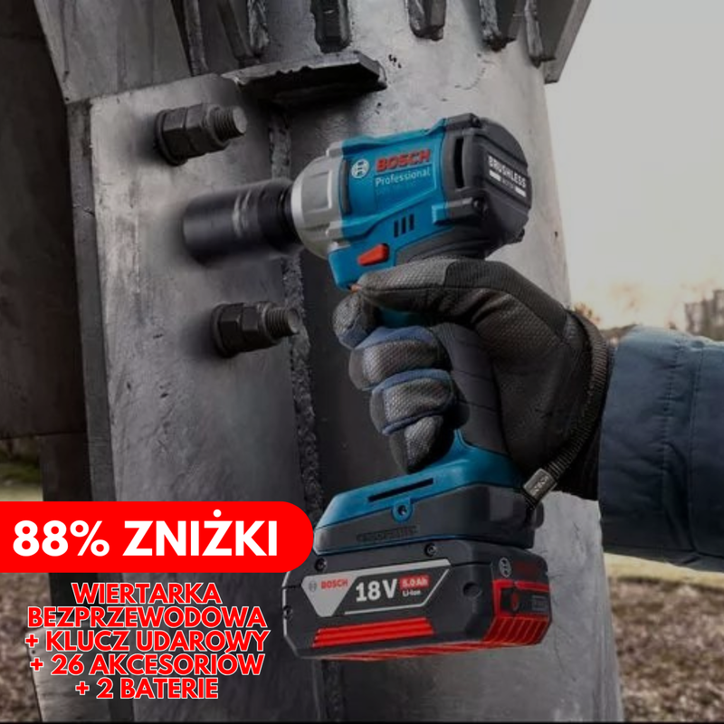 ORYGINALNY ZESTAW BOSCH: WIERTARKA BEZPRZEWODOWA + KLUCZ UDAROWY + 26 AKCESORIÓW + 2 BATERIE
